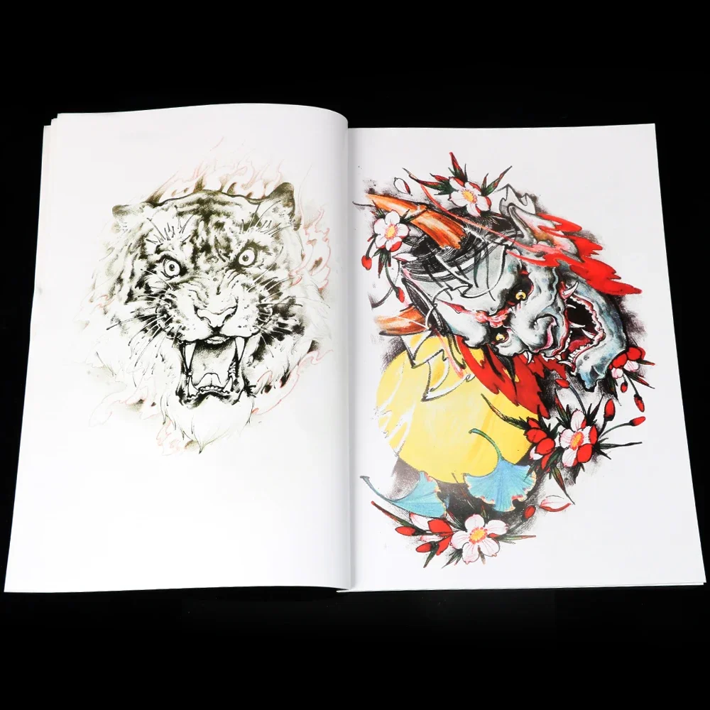 New A4 Tattoo Book Pattern Long Flower Tiger God Fish Dragon Colored Black Manuscript Traditional Chinese Album Body Art