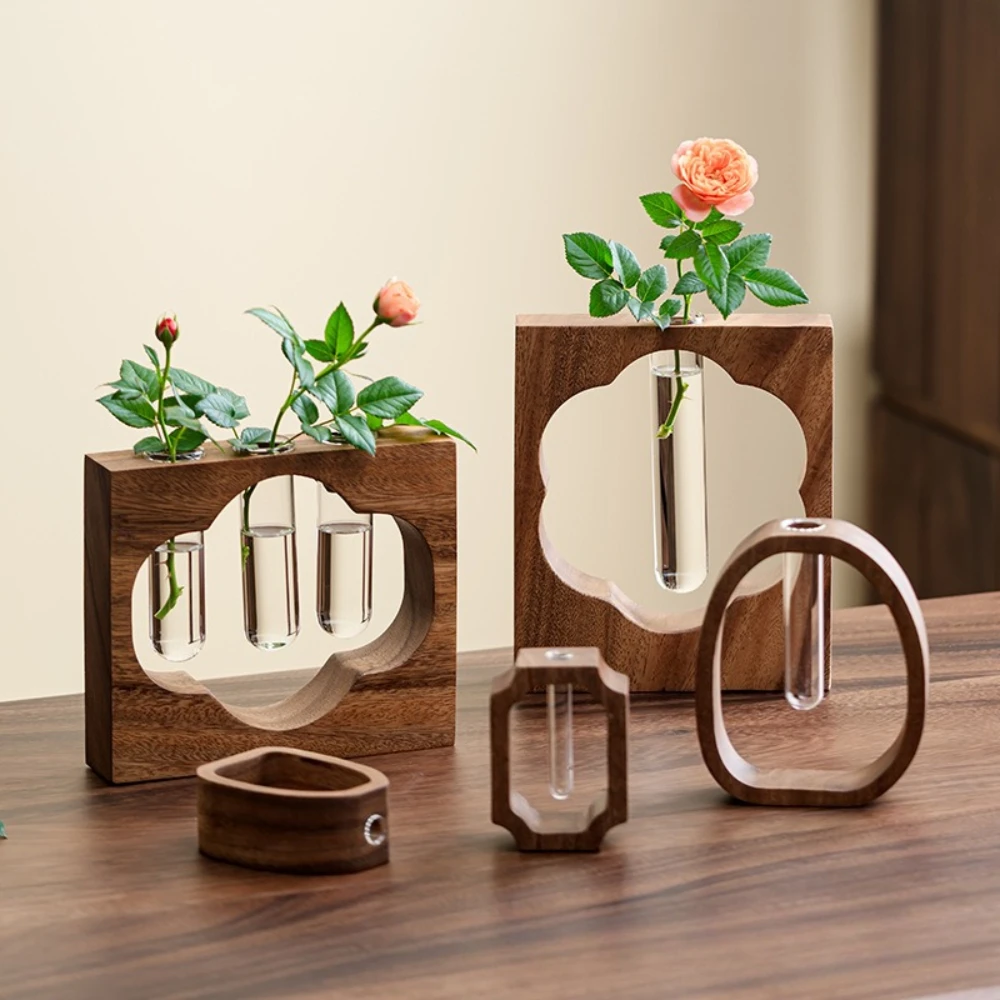 Walnuss Massivholz Hydrokultur Blumenvase Desktop Dekoration Einfache Glaspflanze Mini Aquatische Vase Hydrokultur Blumentopf