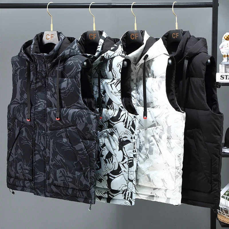 

Осень-зима, пуховый хлопковый жилет, уличный мужской модный крутой жилет, модный камуфляжный теплый жилет, утолщенный жилет с капюшоном