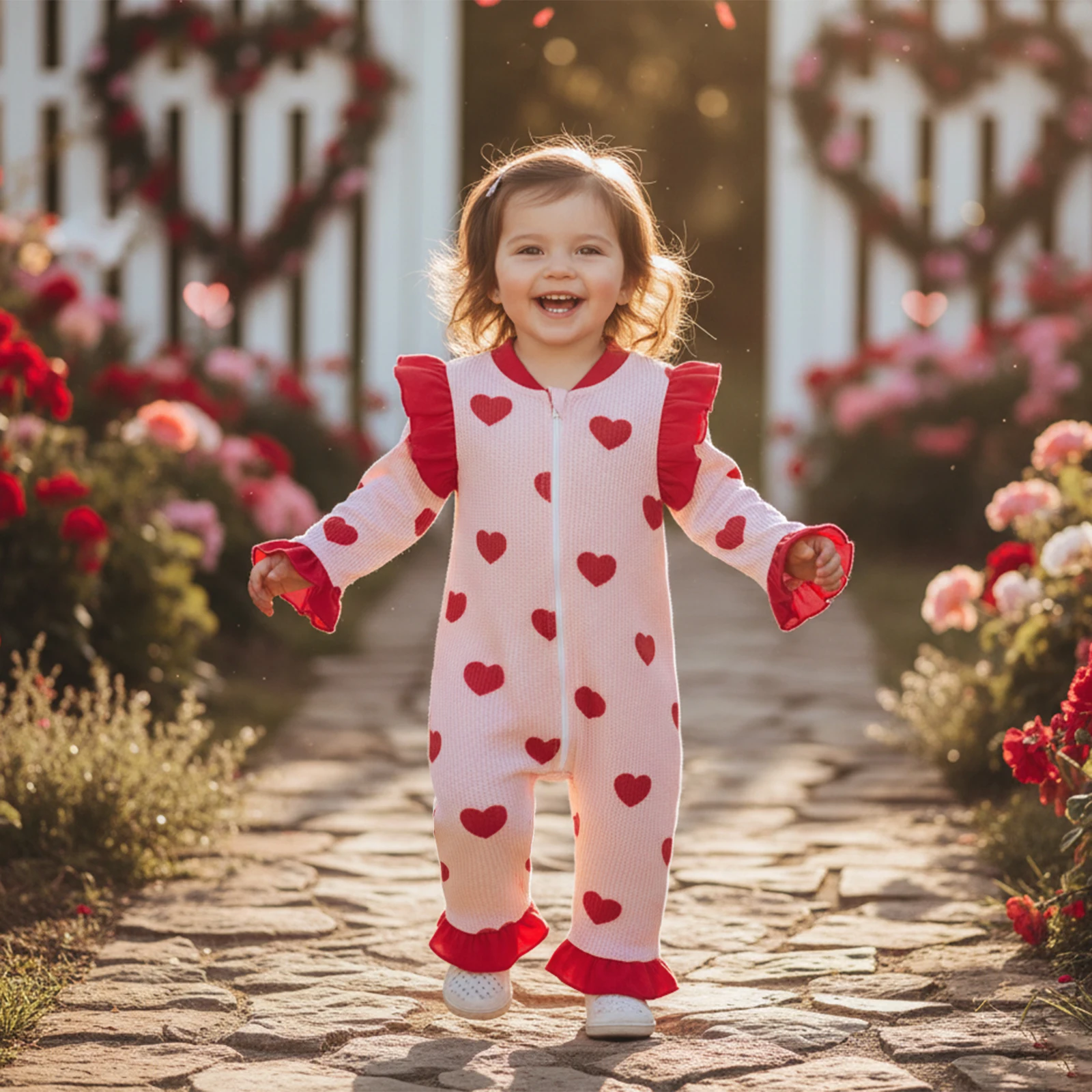 Newborn Baby Girl Valentine's Day Romper Loose Fit Heart Bow Print Ruffled Trim Zip Up Long Flare Sleeve Jumpsuit