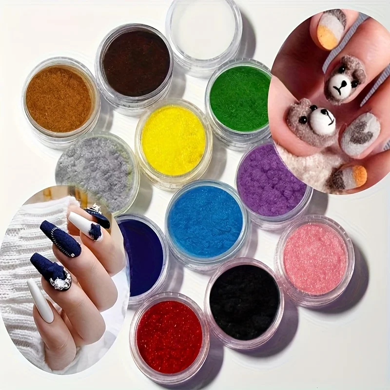 Ein Set mit 12 Plüsch-Samt-Nagelpuderbehältern für stilvolle und künstlerische Nageldekorationen, perfekt für Herbst- und Winter-Nagelkunst, kreativ.