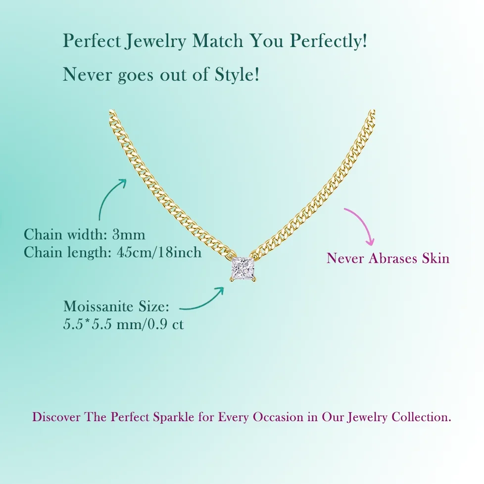 0.9ct Square Cut Moissanite Pendant on Gold-Plated Cuban Chain - Luxurious S925 Silver Necklace for Women with Bold Style