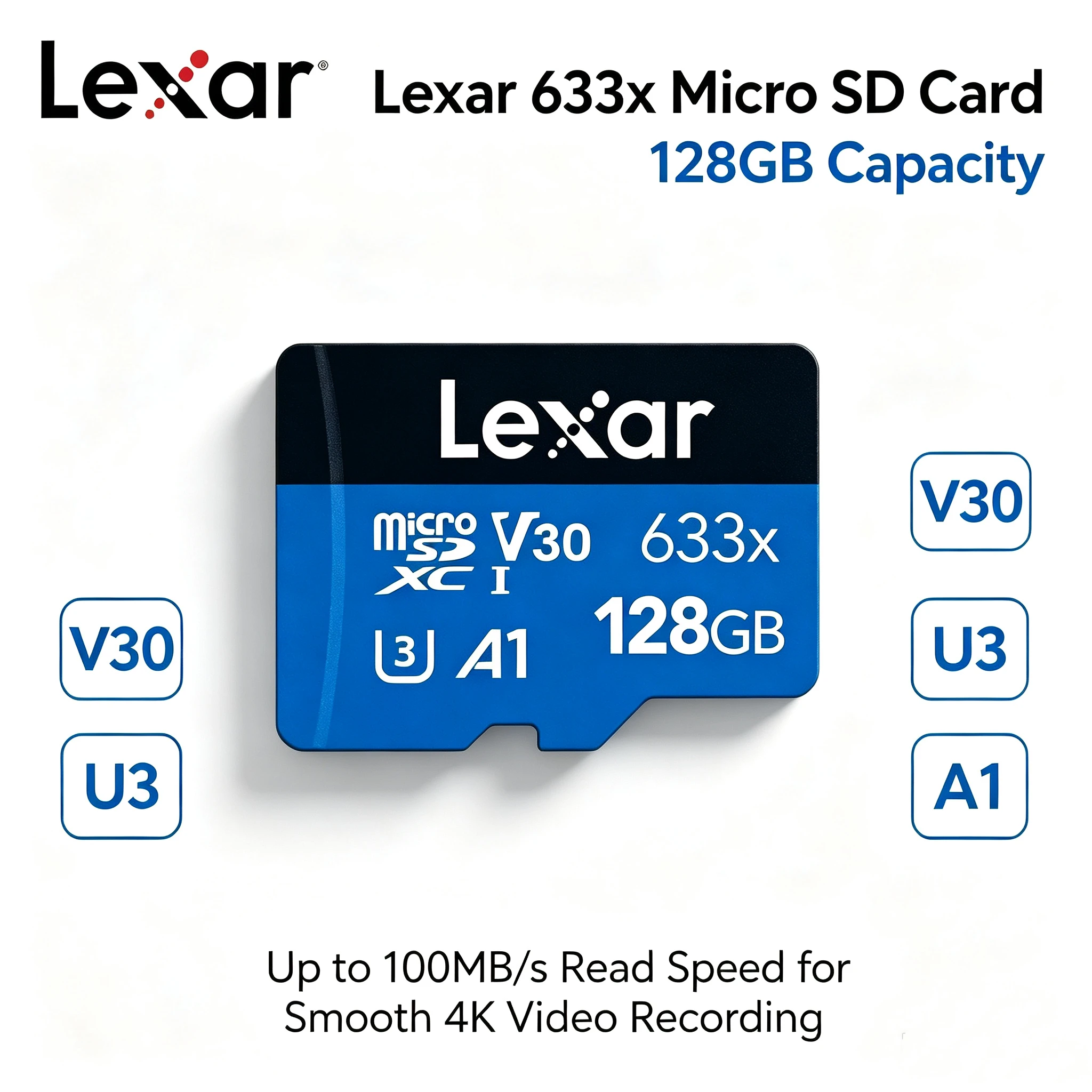 lexar-micro-sdカード-45mb-sの安定した書き込み速度、v30-u3-uhs-i規格、連写撮影、1080pフルhdビデオに対応、a1クラス、10、128gb、256gb、64gb