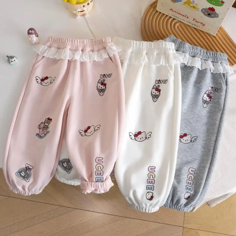 

Hello Kitty Kids Cartoon Pants Sanrio Girls Kawaii Leisure Fashion Lace Lantern Pants Spring Autumn Clothing Girl's Gift New