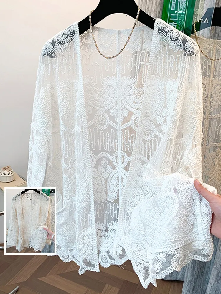 

Faionable с кружевной отделкой, однотонный свободный длинный све, женский повседневный универсальный открытый кардиган, топ с запахом на плечах, большие размеры