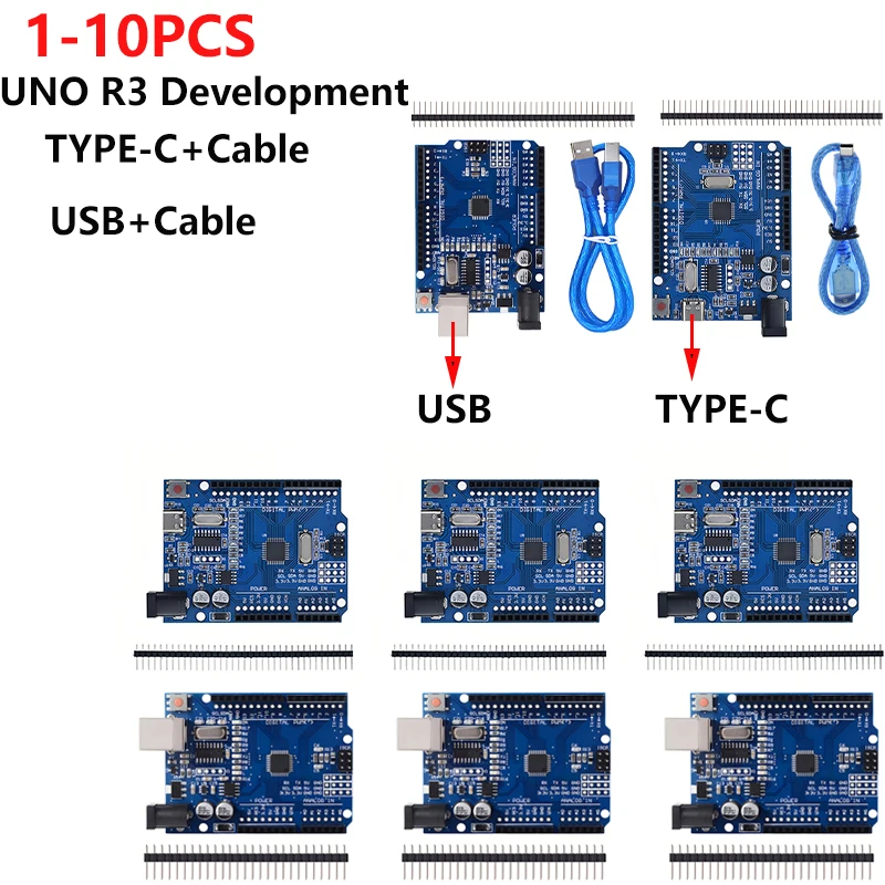 UNO R3 Official (CH340G) MEGA328P Chip for Arduino UNO R3 + USB/TYPE-C CABLE ATMEGA328P-AU Development Board 16Mhz 1-10PCS