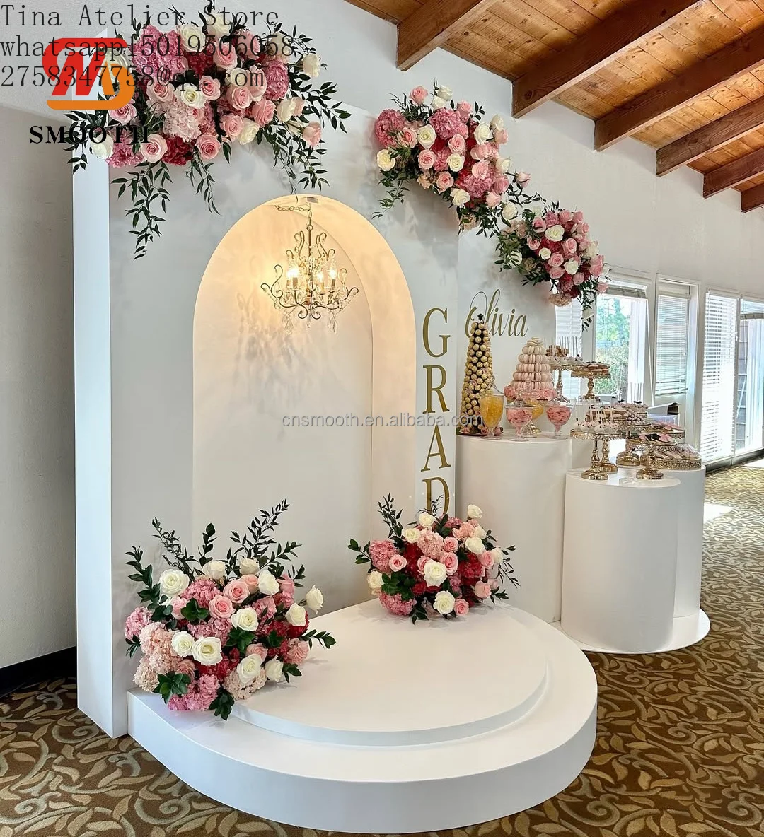 SMOOTH Wholesale Wedding Custo=m 3D PVC Acrylic White Floral Wedding Arch Door Stage Backdrop for Sale