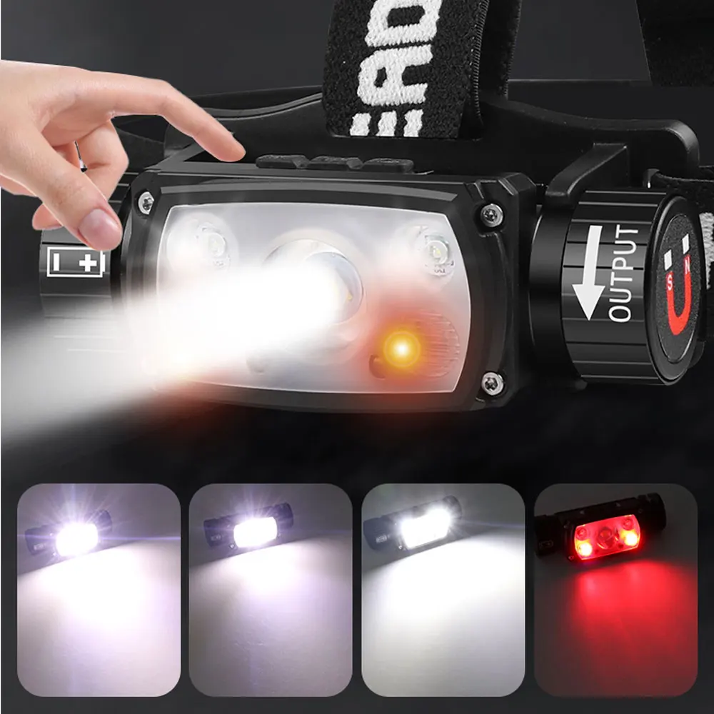 LED Headlamp Sensor Headlight Flashlight 18650 21700 USB Rechargeable Outdoor Head Lamp Torch Red Light Modes Work Lamp