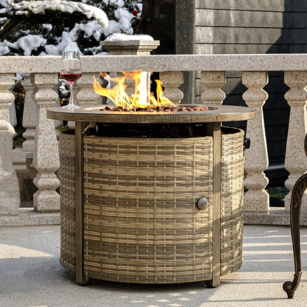 

32 inch Propane Fire Pit Table,Wicker Gas Fire Pits Table with Lid & Lava Rocks, 50000 BTU Round Propane Firepit for Outside, Fi