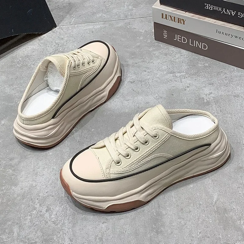 2023 Spring Autumn Women\'s Slippers Fashion Baotou Half Slippers Wear New Style Muffin Lace-Up Casual Canvas Slippers of Women