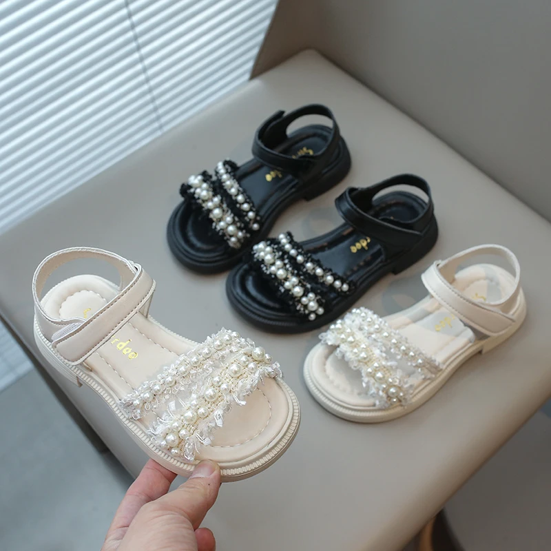 

Girls Chic Princess Sandals for Wedding Party Pearls Beads Classic 2024 Summer New Kids Rubber Sandals Open Toes Soft Anti-skid