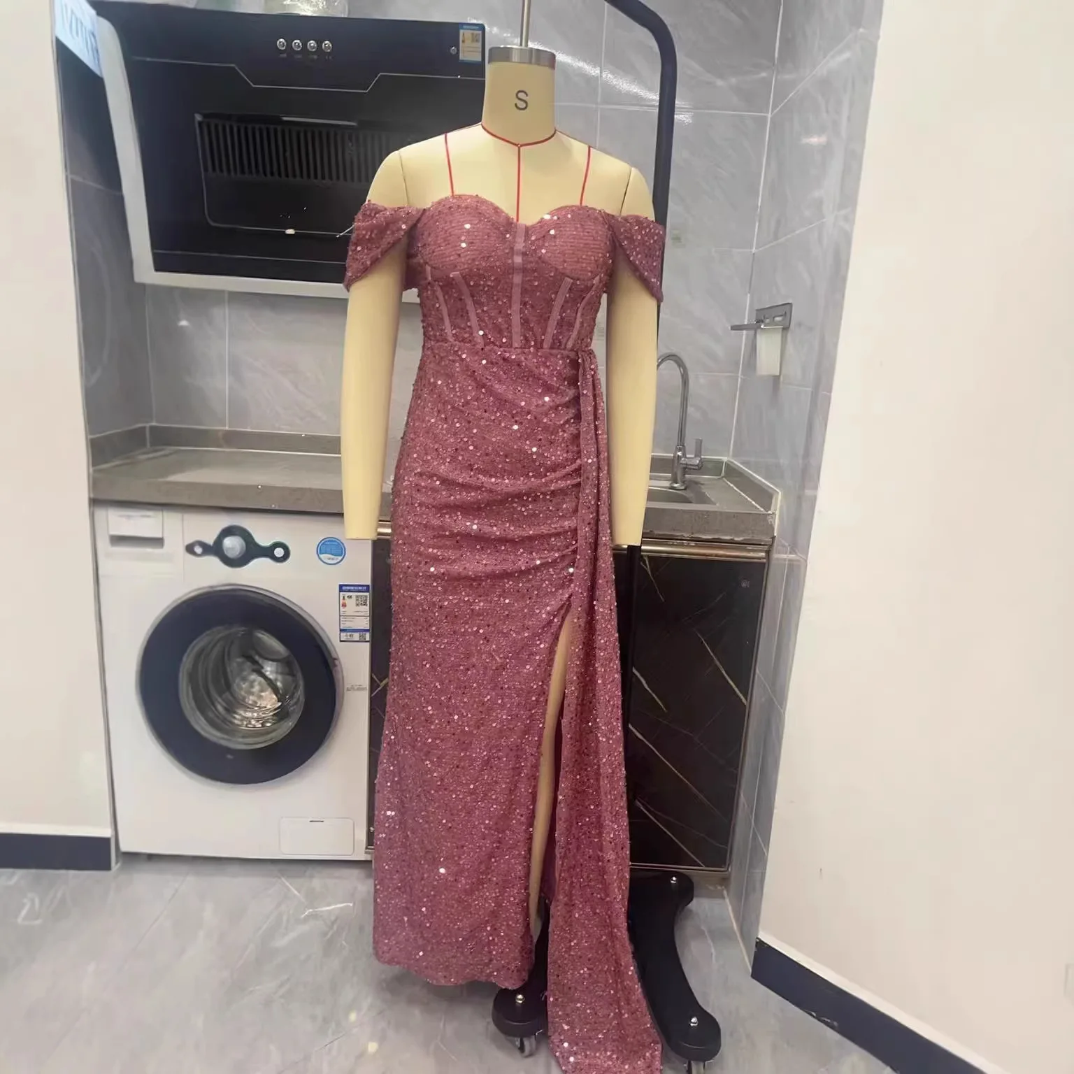 Luxury Sequin Off Shoulder Evening Gown Sexy Solid Waist Contour Ruching Lowy High Slit Dress Outdoor Beach Wedding Dinner Robe