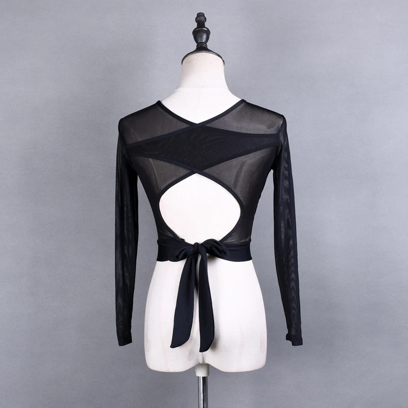 

Women Ballroom Latin Yoga Crop Tops Female Sexy Backness Mesh Blouse Samba Tango Cha Cha Flamengo Dancing Practice T-shirts