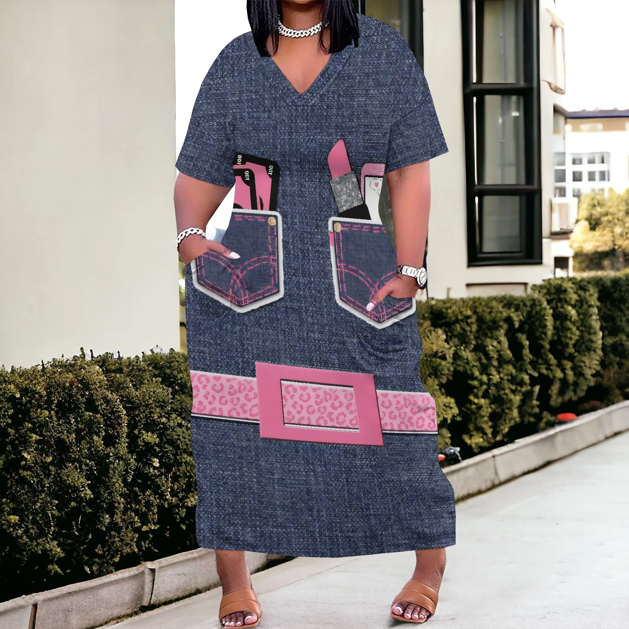 

Nupusa Denim - style Print Dress for Women Plus Size Summer Casual V Neck Short Sleeve Maxi Dress
