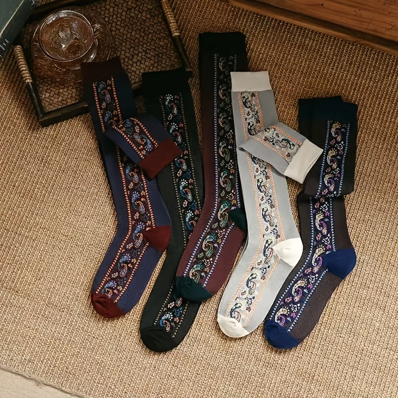Women High Socks Ethnic Embroidery Concave Design Retro Korean Japanese Court Style Multi-Color Options Elegant Special Series
