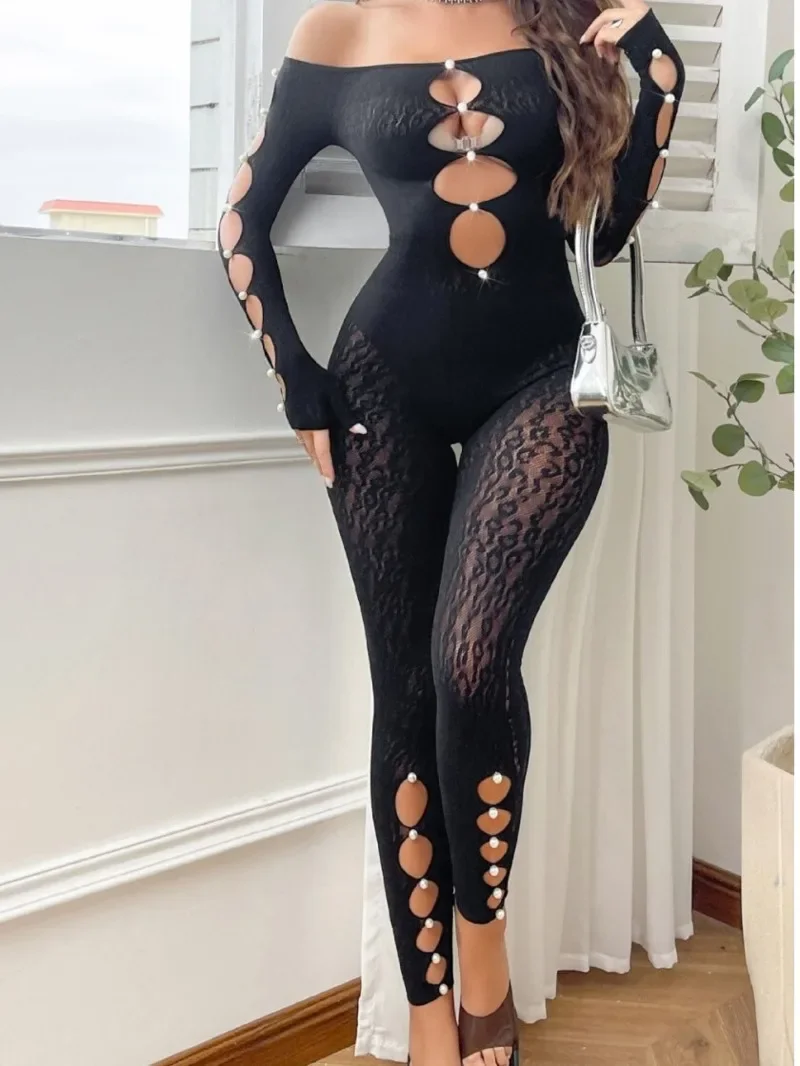 

Pearl Strapless Hollow Out Sexy Curves Nightclub Party Transparent Long Sleeves Mesh Lace Playsuit Jumpsuit Charming Black HQNV