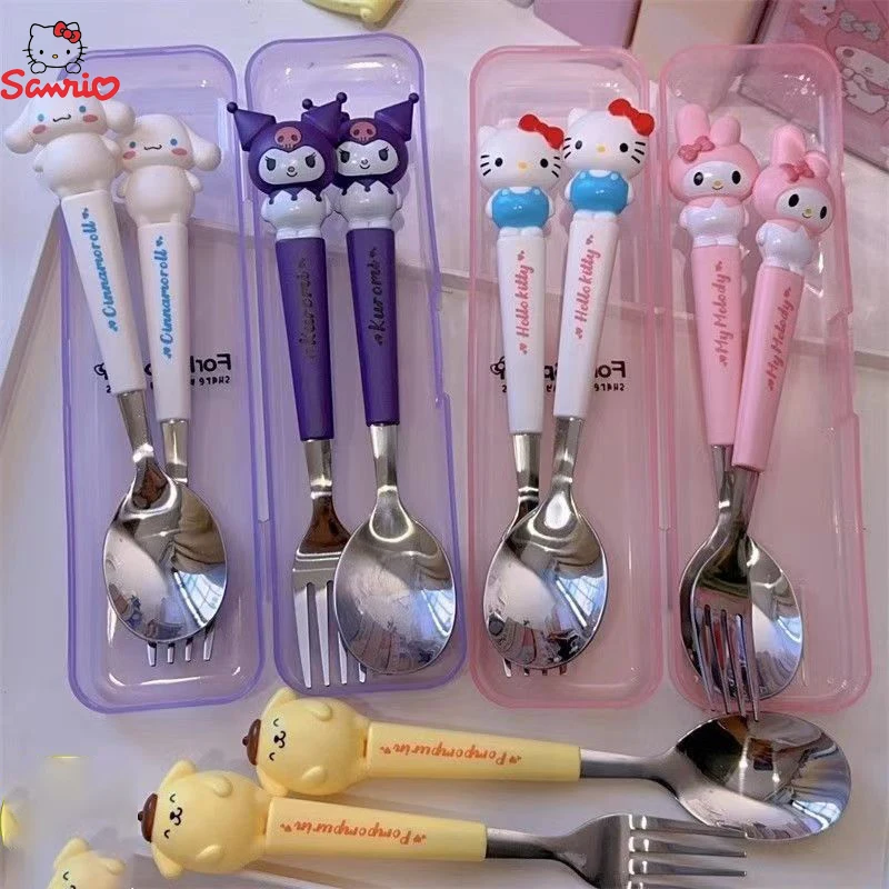 Sanrio Zastawa stołowa dla dzieci Hello Kitty Melody Kuromi Silikonowa zastawa stołowa Dwuczęściowy zestaw Cinnamoroll Widelec Łyżka Prezenty dla