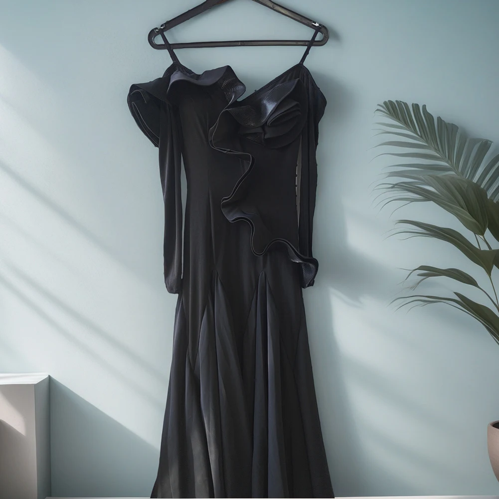 Sukienka na zawody tańca standardowego Walc Czarna Długi Rękaw Taniec Towarzyski Falbanki Nowa bordowa Sukienka do Ćwiczeń