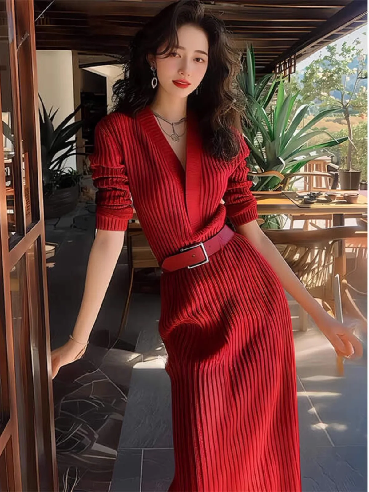 Red Knitted Dress For Women 2024 Autumn/Winter New Style High End V-Neck Slimming Unique Temperament Long Dress