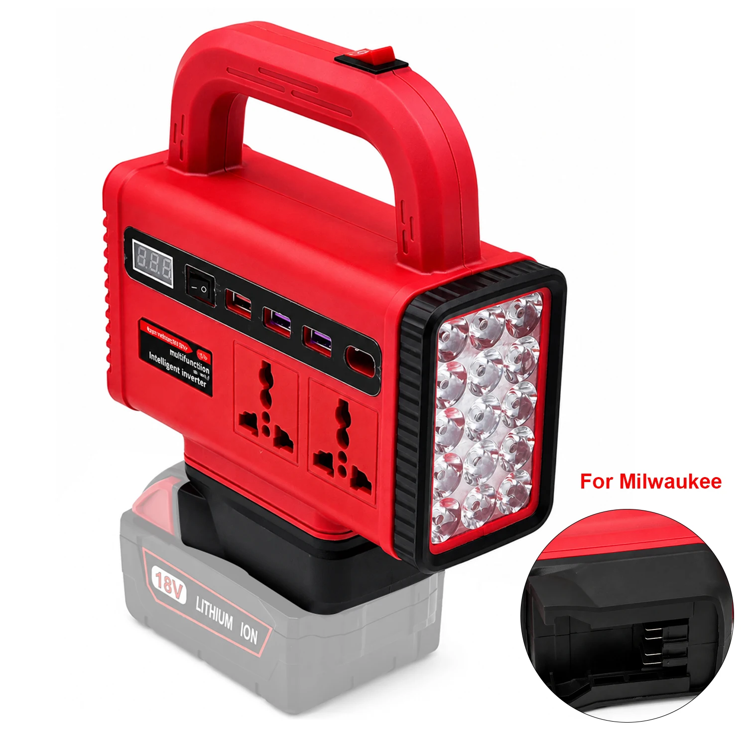 Portable Smart Multifunction LED Inverter with USB Type-C Port Compatible with For Milwaukee 18V Lithium-Ion Batteries