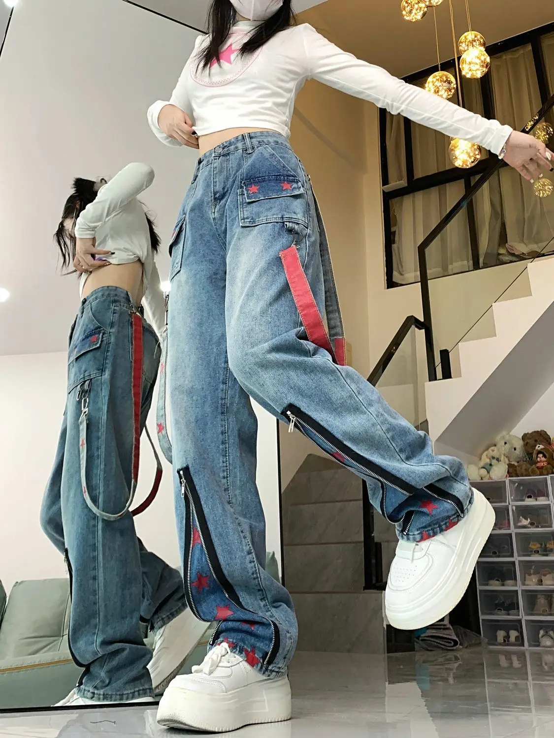 Hip-Hop Straight Retro Zipper Star Design Touch Tooling Jeans Women Spring Autumn New Dopamine High Street Wide-Leg Pants