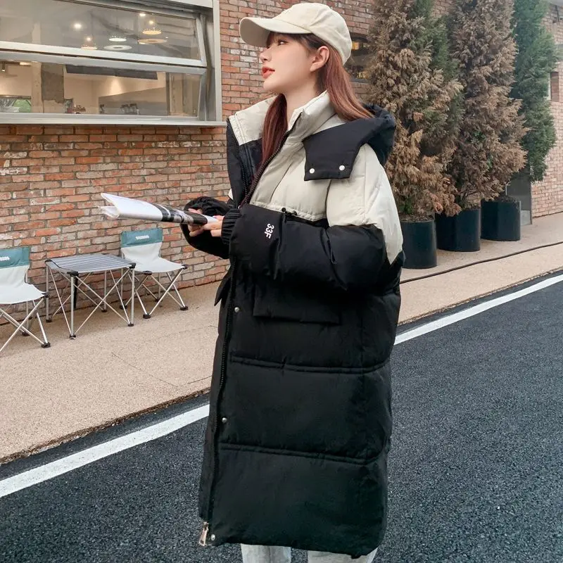 

Winter New Color Patchwork Cotton-padded Jacket Women's Long Thick Loose Coat