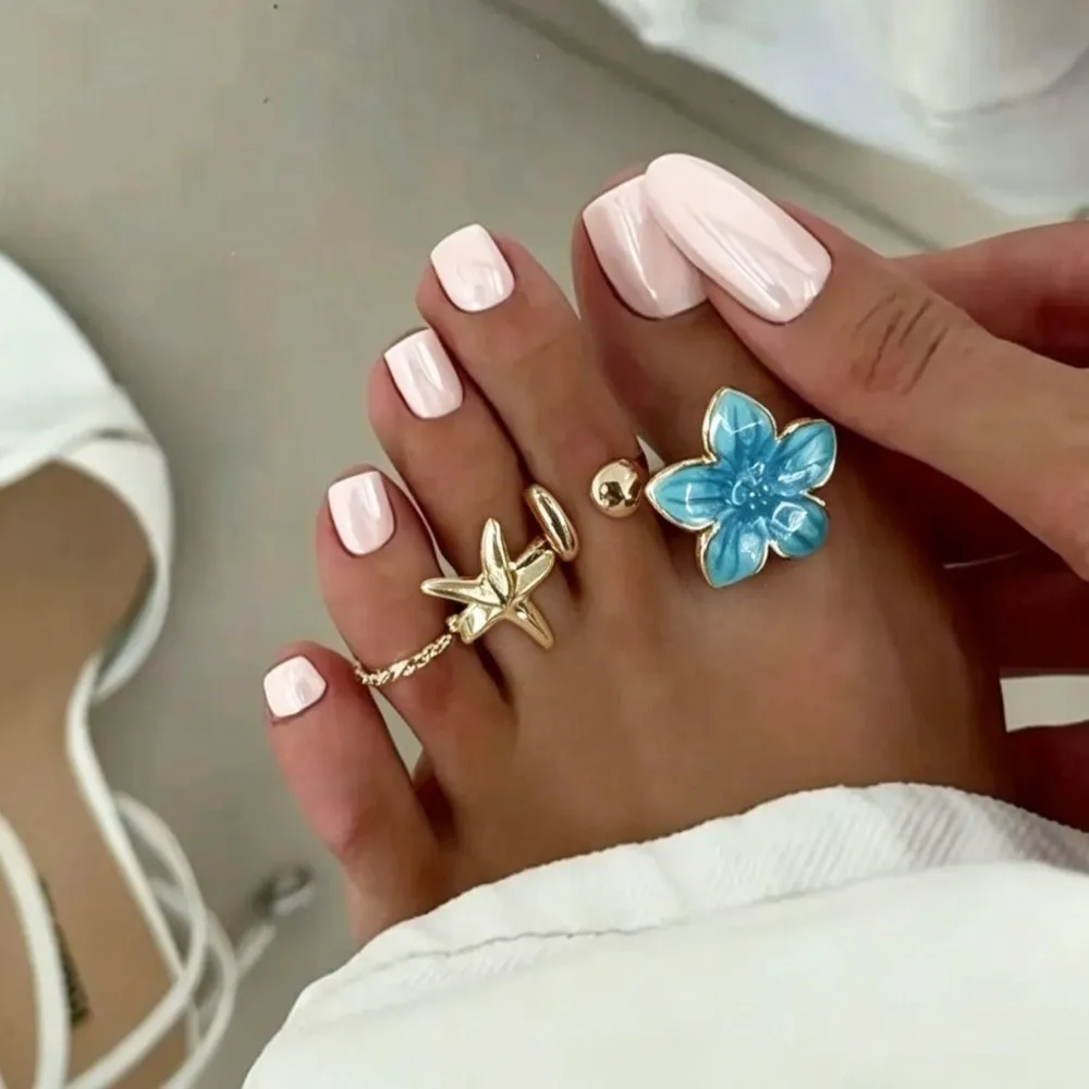 Bohemian Adjustable Toe Rings Set Geometric Metal Rhinestone Foot Jewelry Ring Flower Zircon Open Toe Rings Gifts