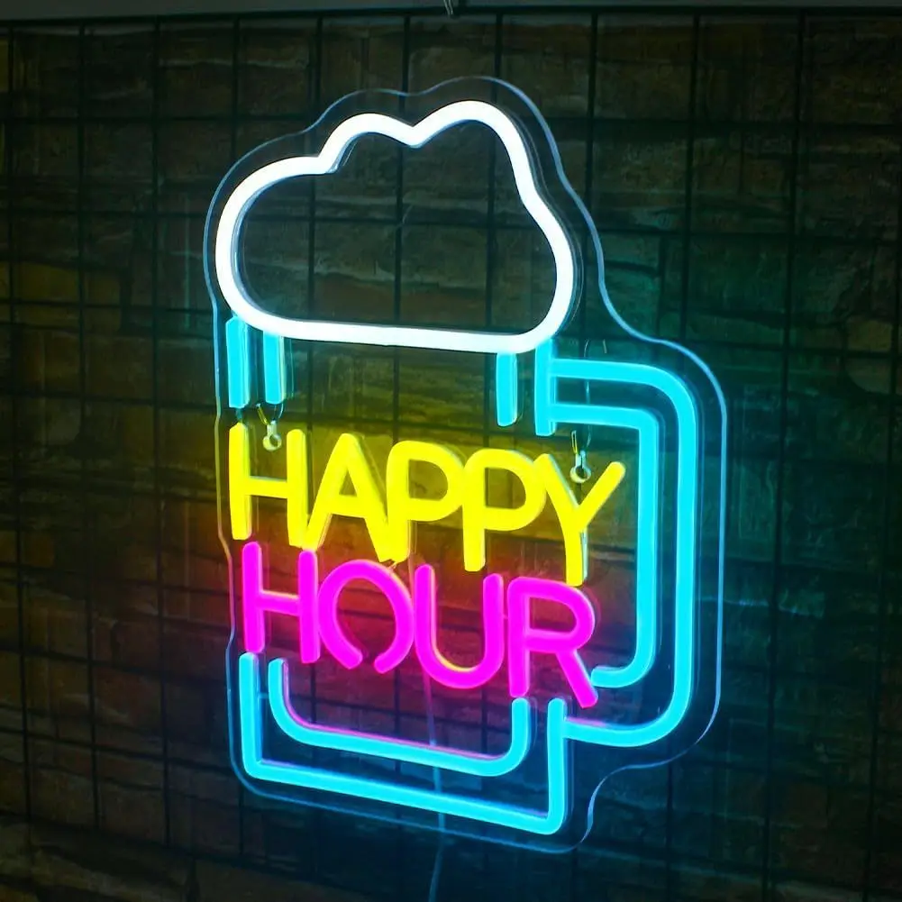 HAPPY HOUR Art Deco أكريليك Happy Hour ضوء النيون لديكور المنزل - اختيار هدية مثالي للاستخدام في الحانات والبارات!