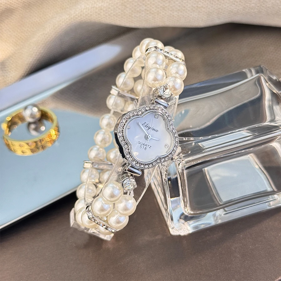 Classic Four-leaf Clover Diamond Encrusted Watch Case Lazy Elastic Pearl Bracelet Fashion Quartz Watch