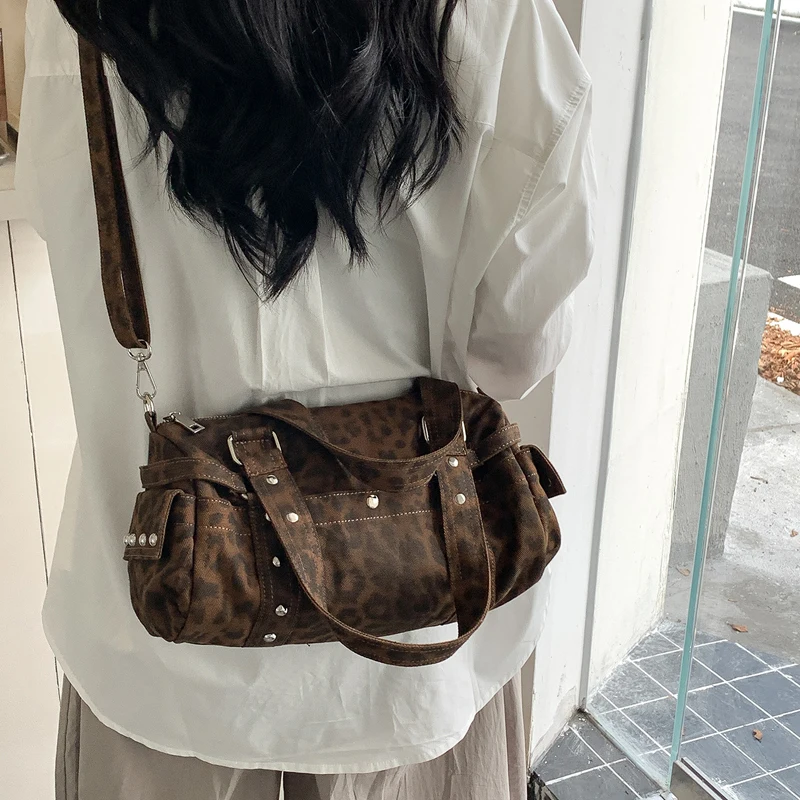 Vintage Bag Luxury Designer Leather Handbag Women's 2026 Korean Retro Leopard Print Crossbody Bags Tote Purse Ladies