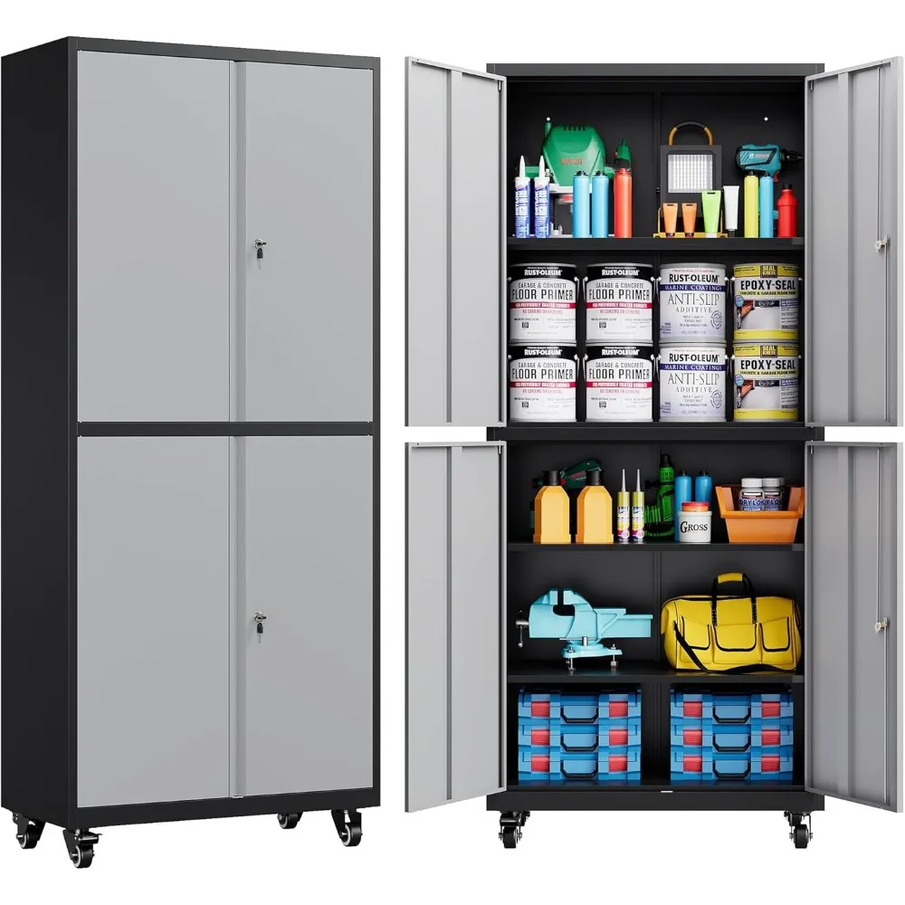 

SISESOL Металлический шкаф для хранения на колесах, Рулонный гаражный шкаф для хранения с замком, Серые запираемые металлические шкафы с полками, Тайный