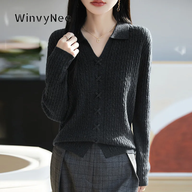 WinvyNee  Women's Lapel V-Neck Knit Pullover Pure Wool Long Sleeve Twist Weave Split Hem Daily Slim Luxury Knit Outfit ZA1223004