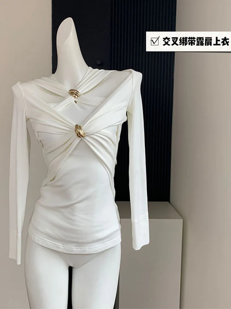 New Design Fashion White T-Shirts Women V-Neck Cross Bandage Crop Top Long Sleeve Slim Casual Tees Off Shoulder Gyaru Coquette