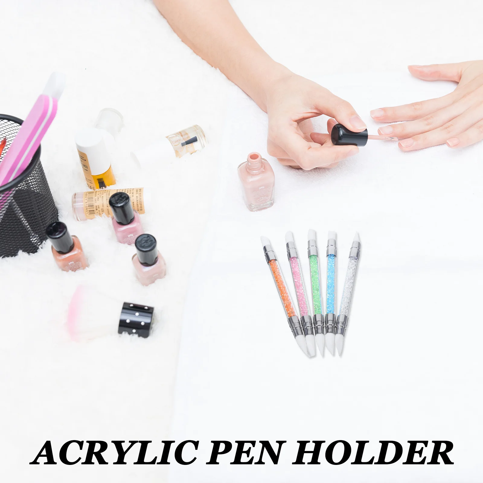 10Pcs Nail Art Tools Pen Ergonomic Acrylic Handle with Flexible Silicone Tips for Nail Carving Dotting Foil Powder Application