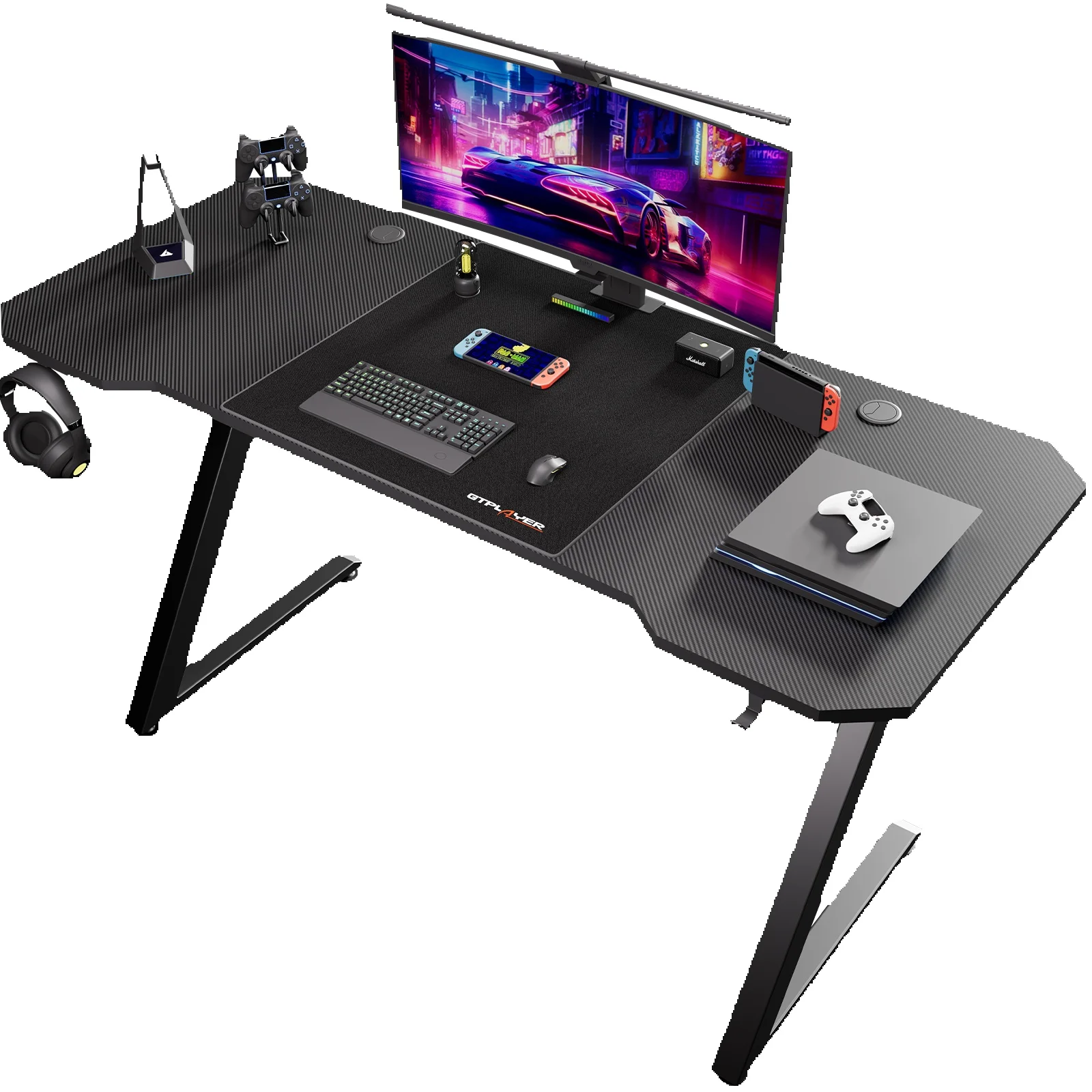 GTPLAYER Gaming Tisch, Gaming Schreibtisch 120 x 60cm, PC Tisch Gamer Tisch mit Kohlefaseroberfläche/LED/Steckdose, Schwarz