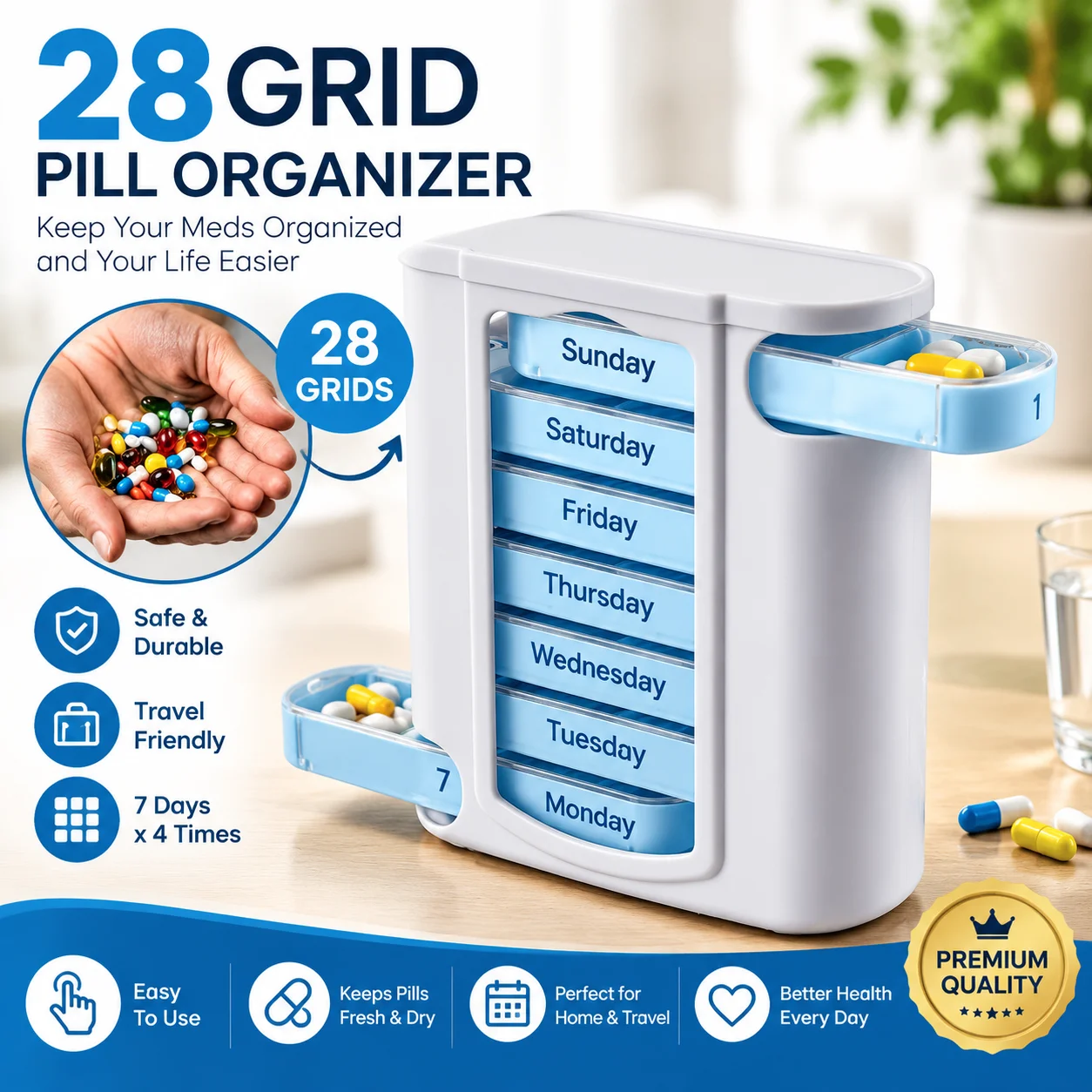 Sliding 28 Compartment Pill Organizer 7 Day Detachable Portable Mini Medicine Box Colorful Transparent Pill Storage Case