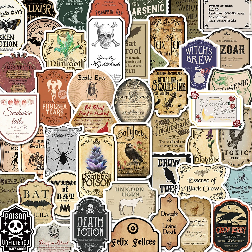 10/50PCS Skull Poison Potion Label  Bumper Stickers Vintage For Notebook Luggage Motorcycle Laptop Refrigerator Decals Graffiti