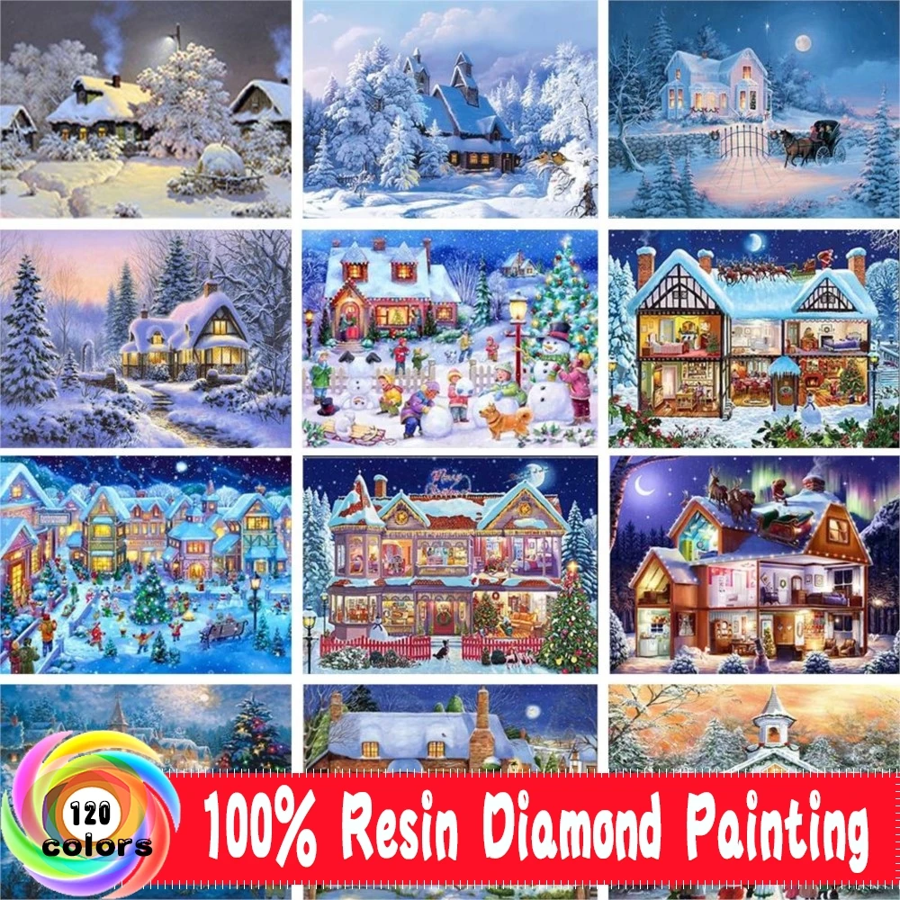 5D Velvet Canvas Resin Diamond Painting Landscape Winter House Rhinestone Art Picture Square/Round Diamond Embroidery Home Decor