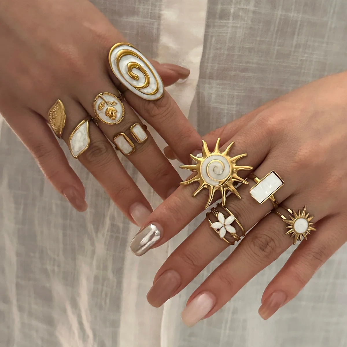 Edelstahl-Emaille-Spiral-Geometrie-Fingerringe für Damen und Herren, Vintage Französische Sonnen-Blatt-Blumen-Ringe, Modeschmuck für Partys. – Detail 13