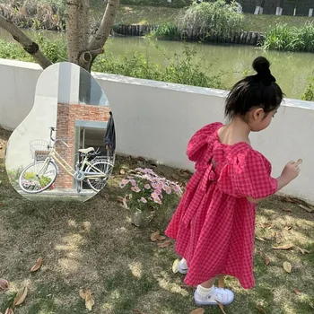 Rose Pink Plaid Bow Dress 5 Bear Leader Rose Pink Plaid Bow Dress Elegant Lolita Child Big Girls Midi Dress Children Dresses Teens Party Princess Sundress 5