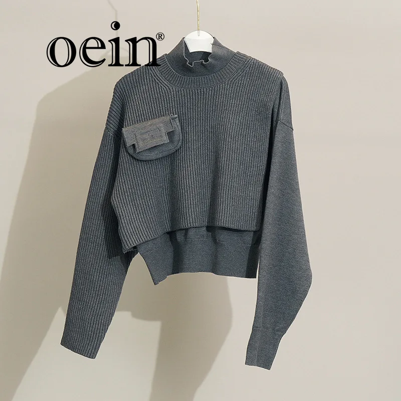 

[oein] 2023 Autumn/Winter New Age Reducing Knitwear Pocket Set Of Two Pieces High Collar Pink Irregular Sweater For Women