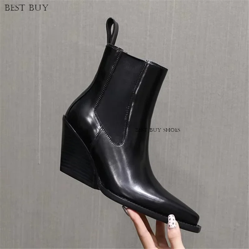 2024 Pointed Toe Black Wedge Chelsea Boots Chunky Patent Leather Elastic Boots Versatile Silver Sleeve Booties platform boots