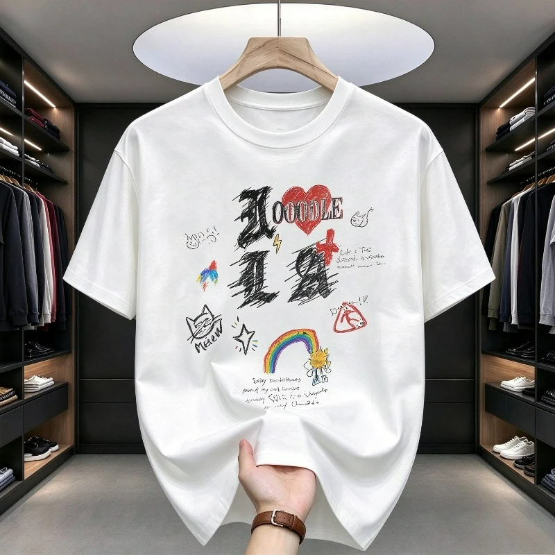 Men's American Street Doodle Graphic T-Shirt Men Modal Short Sleeve Hand-Printed Hip Hop Casual Summer Trendy Tee Top