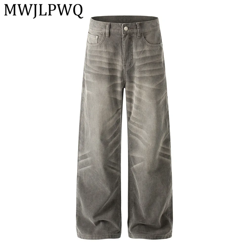 

MWJLPWQ Vintage Punk Distressed Corduroy Wide-Leg Pants Men's Loose Vibe Trendy Spring Floor-Length Straight-Leg Trousers 13351