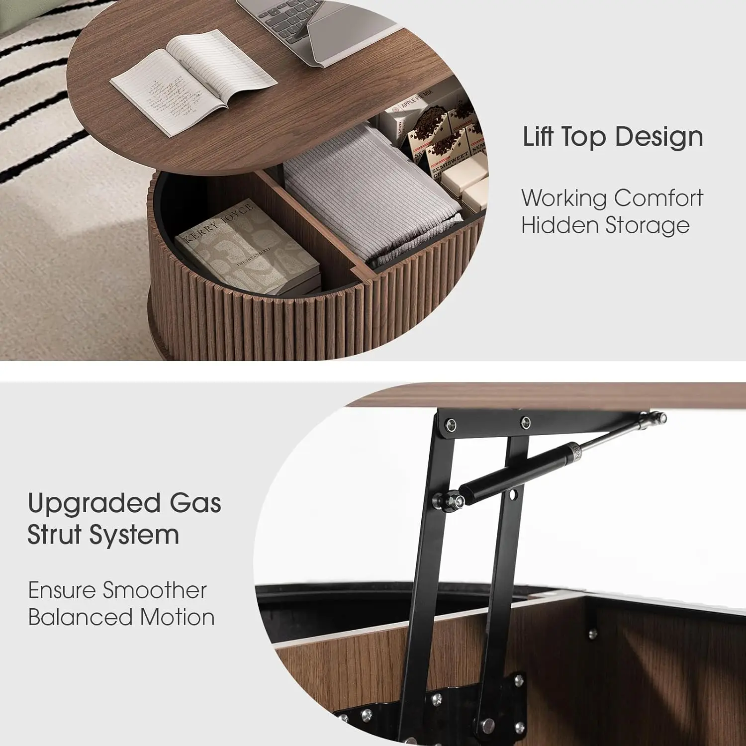 طاولة قهوة بيضاوية مع سطح رفع، طاولة مركزية مخفية مقاس 42.5 بوصة مع حجرة مخفية وأرجل من الخشب الصلب