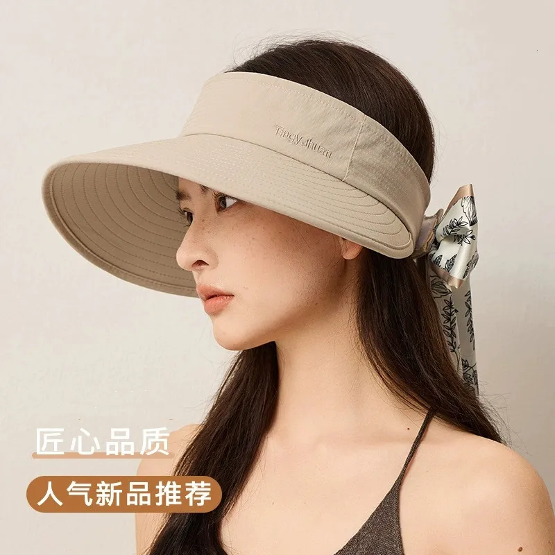 2026 Detachable Scarf Tie Wide Brim Visor Hat for Women Summer Outdoor UV Protection Sun Caps