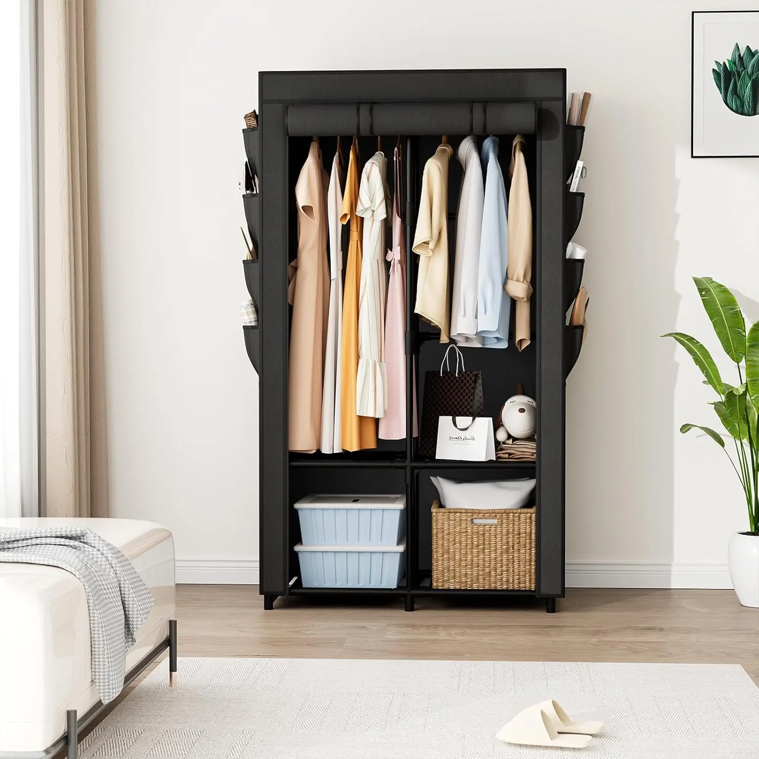 Portable Closet for Hanging Clothes, Portable Wardrobe Closet with Cover, 4 Storage Shelves