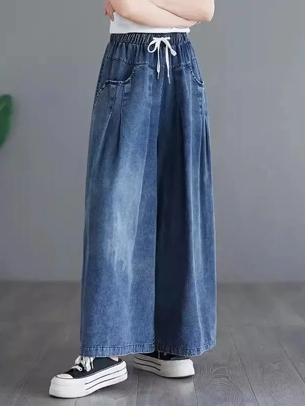 

Retro High Waist Wide Leg Jeans Drawstring Loose Fit Casual Drapey Long Pants Spring Autumn Vintage Elastic Waist Women's Clo...