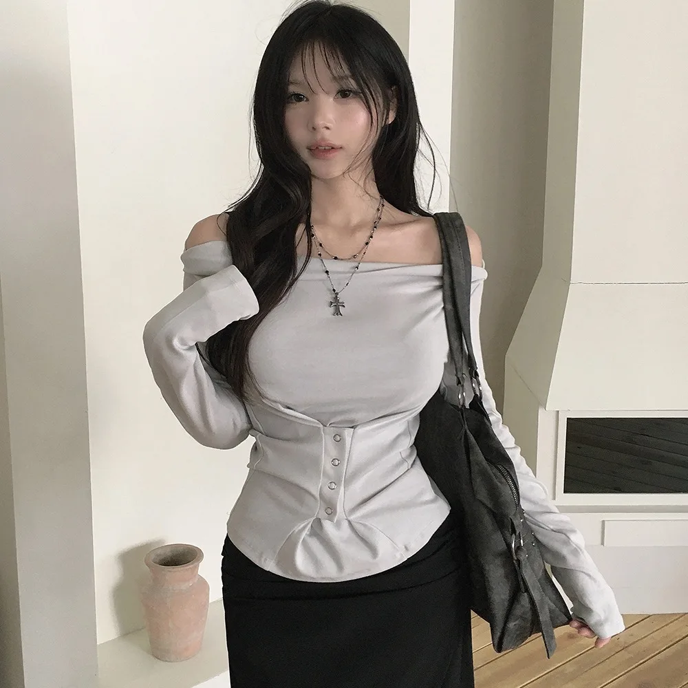 

Ele Long Sve T-irt Women's Spring New Pure Desire One oulder Button up Top Korean Sle Waist Cinched Design