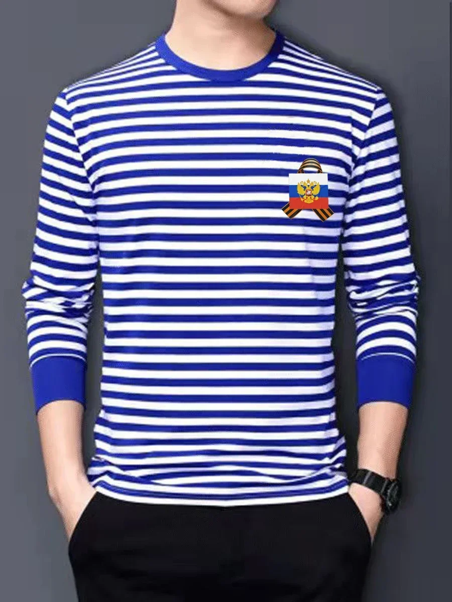 St George Ribbon Russian Badge Flag Sailor's Striped Shirt Cotton Blended Long Sleeve Mens Stripes T-Shirt Telnyashka Tops